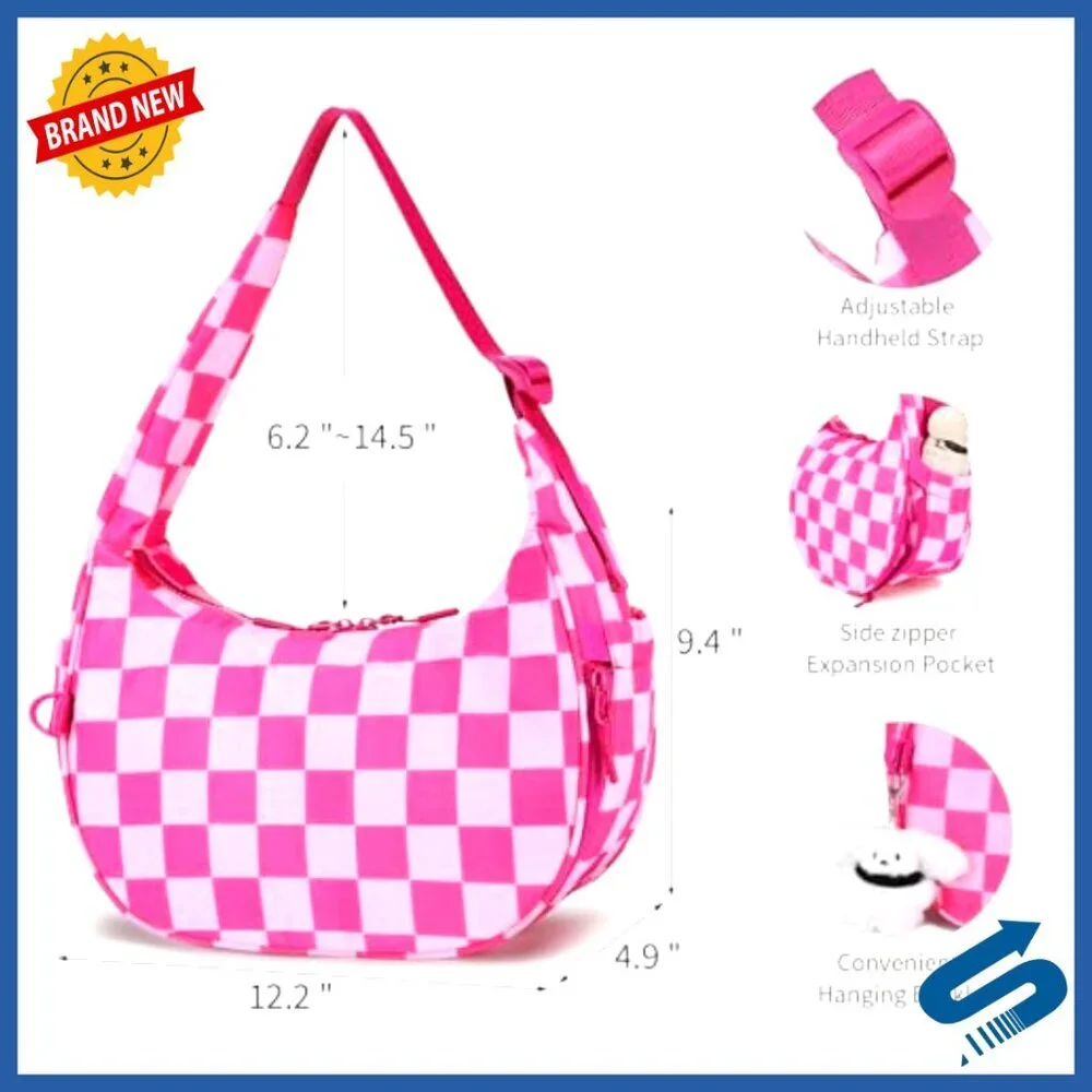 Small Nylon Hobo Shoulder Bag with Checkered Pattern, Anti-Theft Pocket